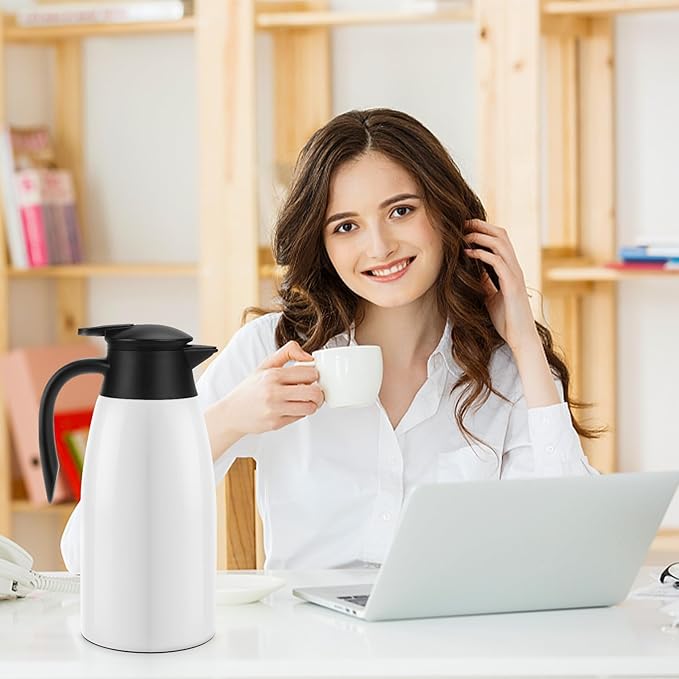 68oz Thermal Coffee Carafe, 2 Pack Airpot Insulated Coffee Urns Stainless Steel Vacuum Thermal Pot Dispenser for Coffee, Hot Water, Tea, Hot Beverage - Keep 12 Hours Hot, 24 Hours Cold (White)