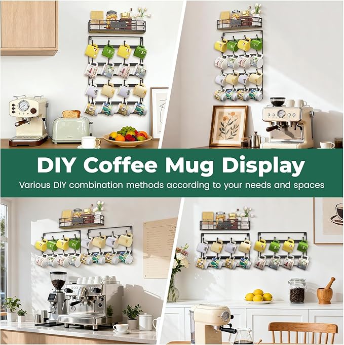 EsLuker.ly Coffee Mug Holder Wall Mounted Display Rack, Black Metal Cup Hanger Organizer with16 Hooks, Wood Rustic Shelf for Coffee Bar Home Kitchen, Space Saving Wall Storage, Black