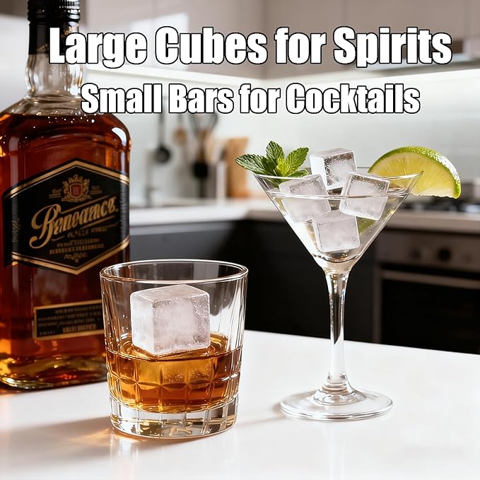 Silicone Ice Cube Tray with Lid 8-Cavity Reinforced Steel Frame Ice Cube Trays Easy Release BPA-Free Makes 3 Large Square & 5 Small Rectangular Ice Trays for Cocktails Whiskey Coffee,Pink