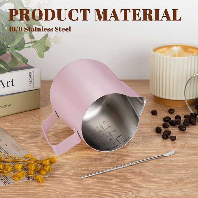Milk Frothing Pitcher, 20 oz Milk Frother Cup with Clear Scale, 304 Stainless Steel Cappuccino Espresso Machine Accessories for Barista Coffee Bar with Latte Art Pen, Pink