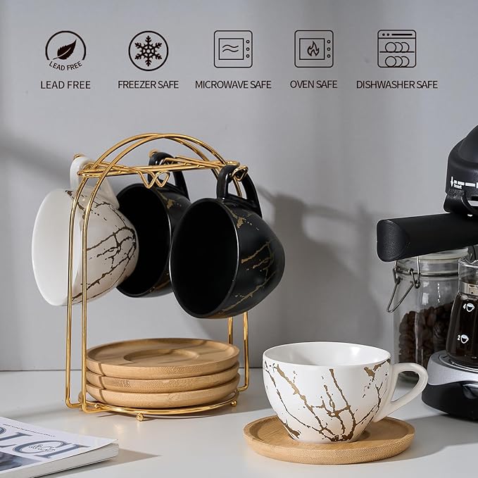 LUKA Ceramic Demitasse Espresso Cups Set with Saucers and Metal Stand, 8 oz Porcelain Stackable Cappuccino Cups Teacup For Tea, Espresso, Latte, Coffee, Cafe Mocha, Set of 4, White & Black