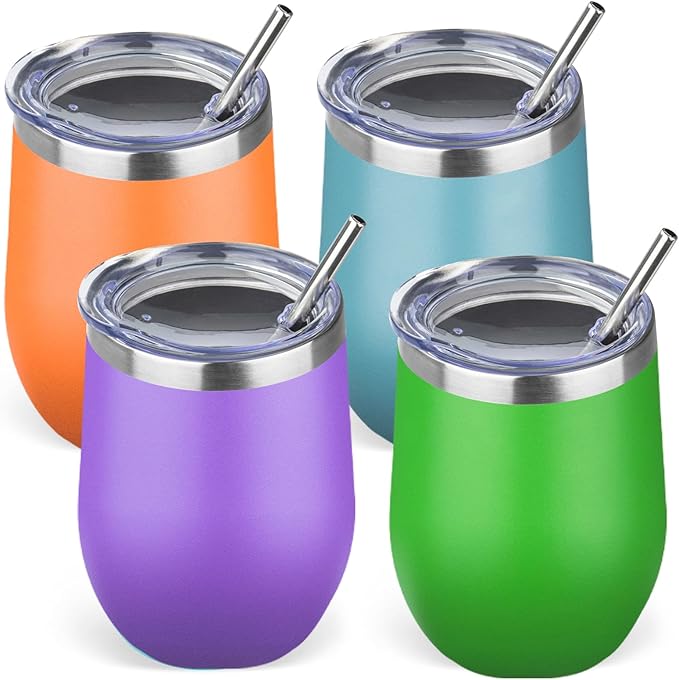 12oz/4 Pack Stainless Steel Wine Tumbler with Lid and Straw, Double Wall Vacuum Insulated Wine Tumbler Glasses, Stemless Travel Mugs for Hot and Cold Drinks, Coffee, Wine, Cocktails