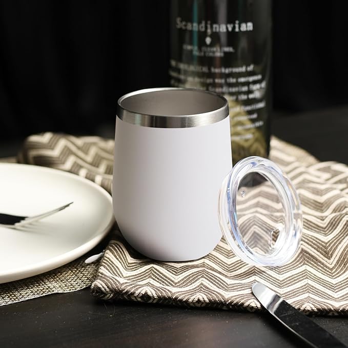 DOMICARE Stainless Steel Wine Tumbler Bulk with Lid, Personalized White Insulated Tumblers Set, 12oz Travel Coffee Cups Pack of 12