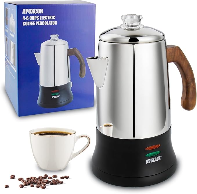 Electric Coffee Percolator Stainless Steel Coffee Maker with Tough Glass Clear Brew Progress Knob & On/OFF Switch Keep Warm Cordless Serve for Home and Hotel Room Use Gift Box Packaging 6 Cup