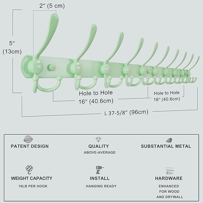 Dseap Coat Rack Wall Mount - 38” Long 10-Tri-Hooks Heavy Duty Coat Hanger Rail Wall Hooks for Hanging Coats Hats Clothing Clothes Purse Mudroom Entryway, Green
