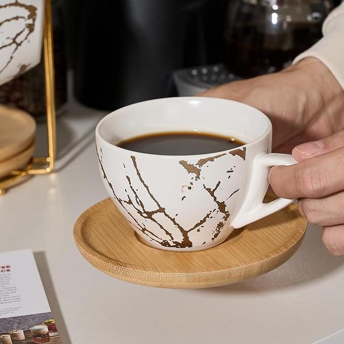 LUKA Ceramic Demitasse Espresso Cups Set with Saucers and Metal Stand, 8 oz Porcelain Stackable Cappuccino Cups Teacup For Tea, Espresso, Latte, Coffee, Cafe Mocha, Set of 4, White & Black