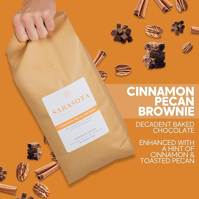 Sarasota Coffee Whole Bean Cinnamon Pecan Brownie | Medium Roast Gourmet Flavored Coffee Beans | Low Acid, Mold Free, Specialty Grade Bulk Beans | 5lb (80 oz)