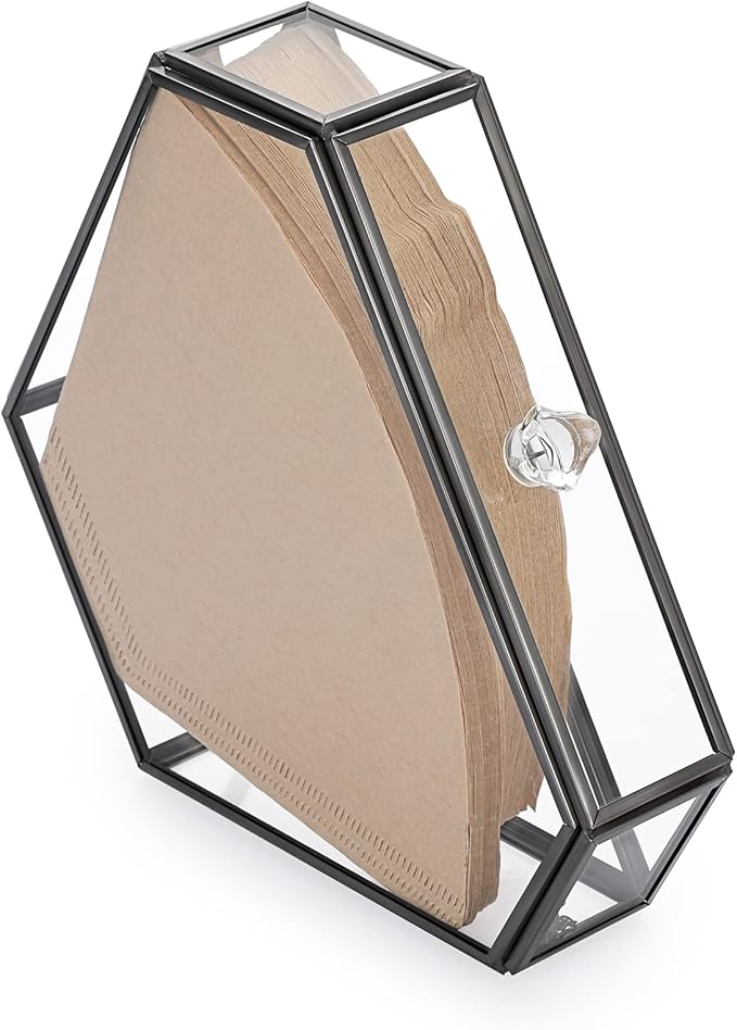 ELLDOO Black Glass Coffee Filter Holder Coffee Paper Storage Container Filter Paper Dispenser Rack with Dustproof Cover