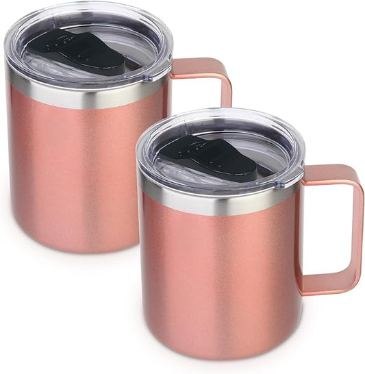 Volhoply 14oz Insulated Stainless Steel Coffee Mug with Lid Bulk 2 Pack,Double Wall Vacuum Travel Coffee Cup with Handle,Reusable Cups Tumbler,Camping Mugs Keep Hot,Ideal Gifts(Rose Gold,2)