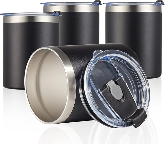 MEWAY 12 oz Lowball, Tumbler Stainless Steel Double Wall Vacuum Insulated Mug with Straw and Lid, Cleaning Brush ，Durable Powder Coated Insulated Coffee Cup for Cold & Hot Drinks (Black, 1 Pack)