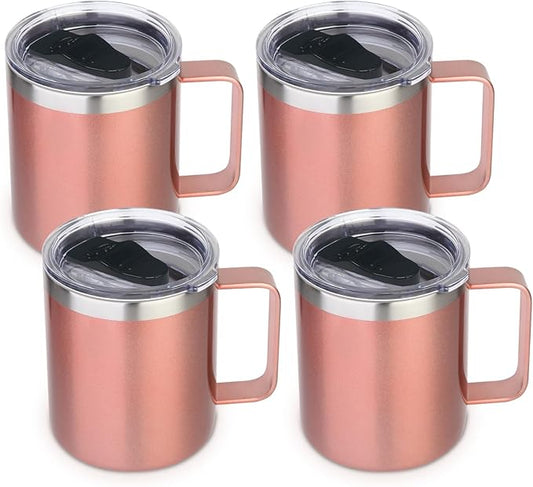 Volhoply 14oz Insulated Stainless Steel Coffee Mug with Lid Bulk 4 Pack,Double Wall Vacuum Travel Coffee Cup with Handle,Reusable Cups Tumbler Cup,Camping Mugs Keep Hot,Ideal Gifts(Rose Gold,4)