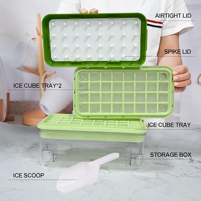 Ice Trays for Freezer with Lid & Bin, Ice Cube Tray Making 64 pcs Ice Cubes, Easy Press to Release Ice, Ice Tray with Storage Bin Chilling Cocktail Whiskey Coffee 2 Trays 1 Ice Bucket & Scoop (Green)