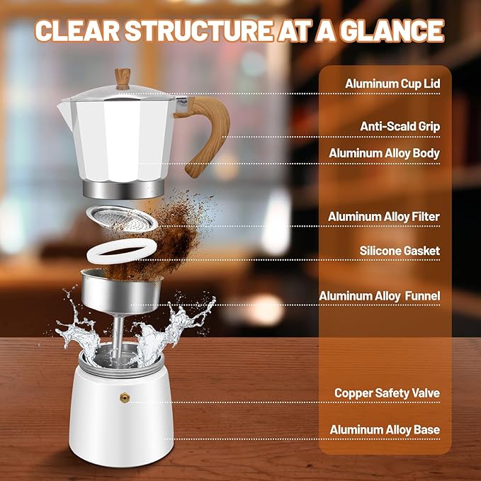 6 Cup Aluminum Espresso Stovetop Moka Pot Express Coffee Maker Percolator Italian Classic Mocha Coffee Machine for Italian and Cuban Cafe Brewing for Home & Camping 300ml 10oz