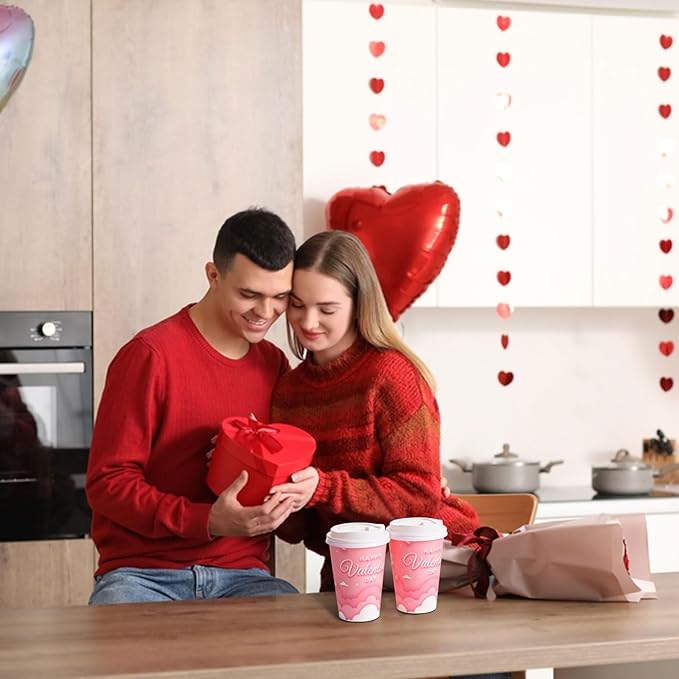 FOBSME 50 Pcs Valentine Disposable Coffee Cups With Lids 12oz Pink Cloud Heart Paper Cups Happy Valentine’s Day Drinking Cups for Wedding Anniversary Party Supplies