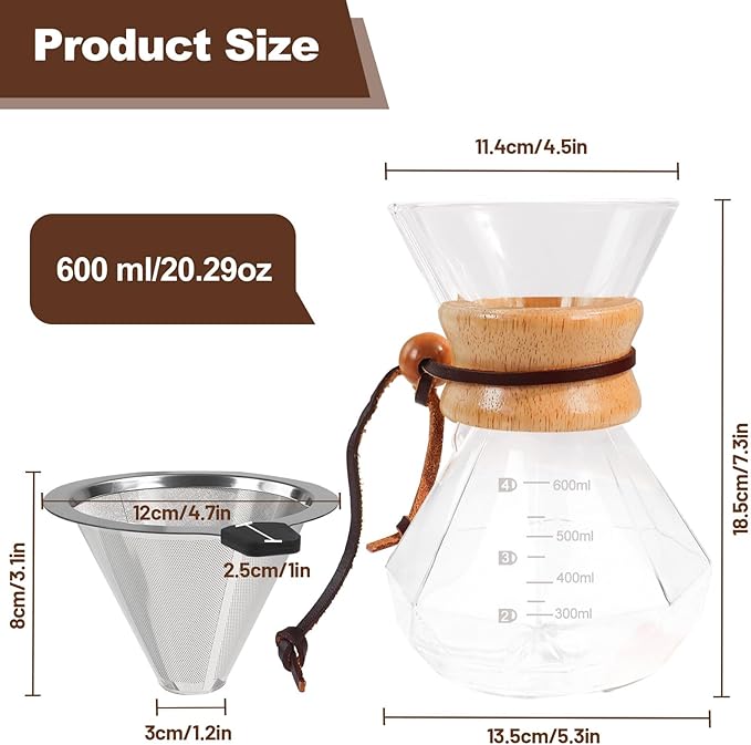 Pour Over Coffee Pot Set 600ml Features 304 Stainless Steel Filter Glass Coffee Pot with High Borosilicate Glass Duckbill Spout Design Solid Wood Handle Pour Over Coffee Drippers Daily Brewing