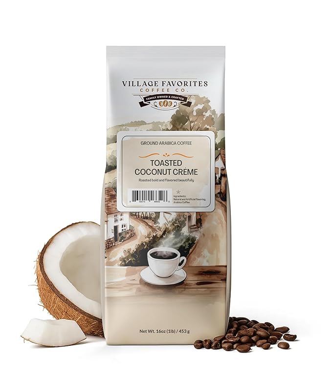 Village Favorites Flavored Coffee – Low Acid, Mold-Free, 100% Arabica, Slow Roasted Medium Roast, Smooth & Stomach Friendly, Ground, 1LB Bag (16oz)- Kosher (16oz, Toasted Coconut Crème)