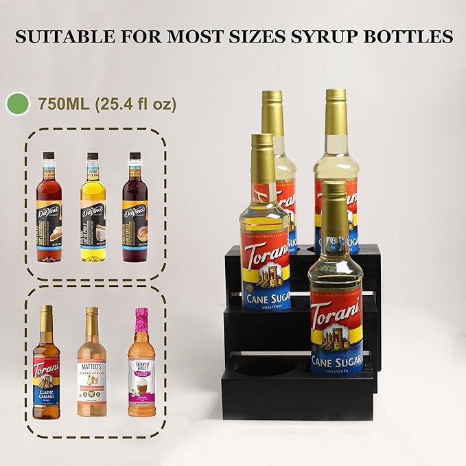 Black Wood Coffee Syrup Rack Organizer, 3 Tier Syrup Bottle Holder for Coffee Bar, 6 Bottles(750ml) Storage Stand for Syrup, Wine, Dressing for Kitchen Coffee Station(3 Separate Pieces)