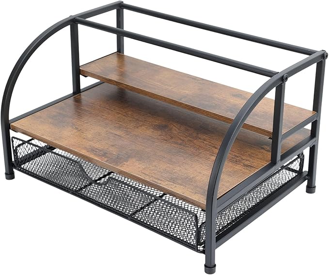 Coffee Syrup Rack Organizer, 3-Tier 8 Bottles Syrup Rack with 35 K Cup Storage Drawer, Wood Coffee Bar Organizer, Countertop Bottle Holder Stand, Liquor Bottle Display Shelf Wine Rack, Syrup Holder