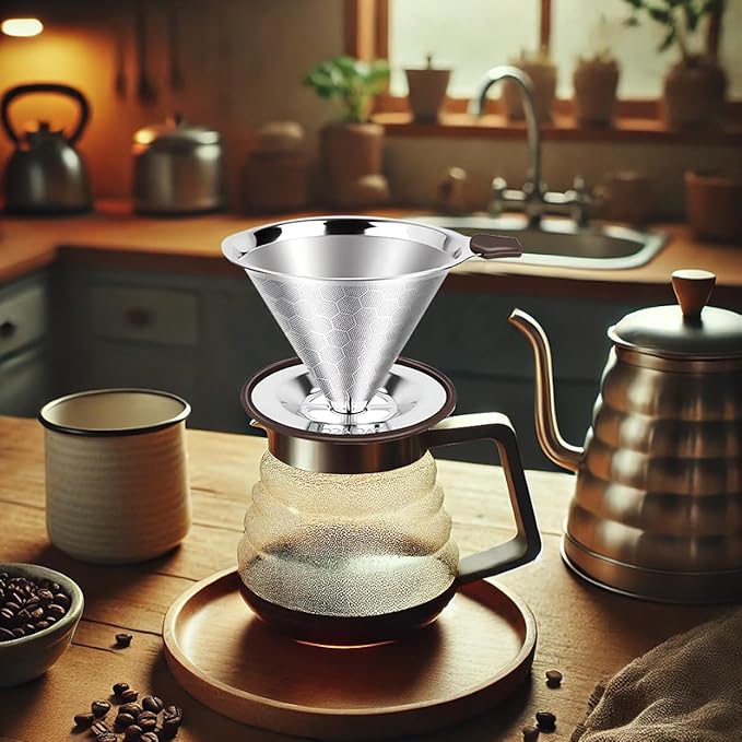 Pour Over Coffee Dripper,Stainless Steel Coffee Filter, Pour Over Maker Double Micro Mesh, Reusable Coffee Strainer (Silver)