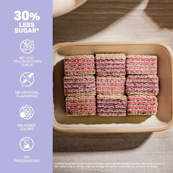 Loacker Quadratini Blueberry Yogurt Wafer Cookies LARGE - 30% Less Sugar - Premium Crispy Bite Size Wafers - LARGE Pack of 6