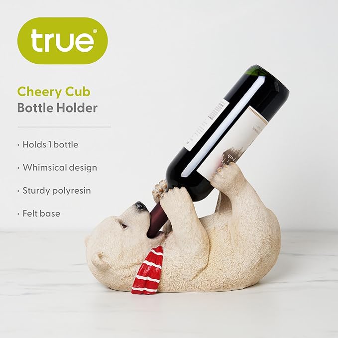 True Cheery Cub Polyresin Wine Bottle Holder - Table Top and Counter Wine Rack, Set of 1, Animal Home Decor, White, Holds 1 Standard Wine Bottle