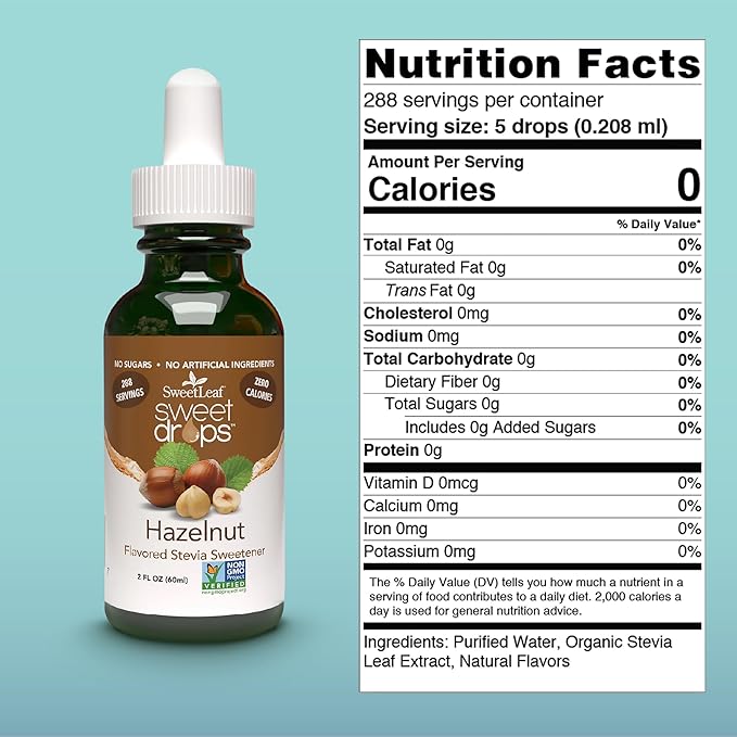 SweetLeaf Stevia Liquid Sweet Drops - Hazelnut Flavored Drops, Stevia Liquid Sweetener, Zero-Calorie, Sugar-Free Syrup Alternative for Keto Coffee, Baking, Shakes, 2 Fl Oz