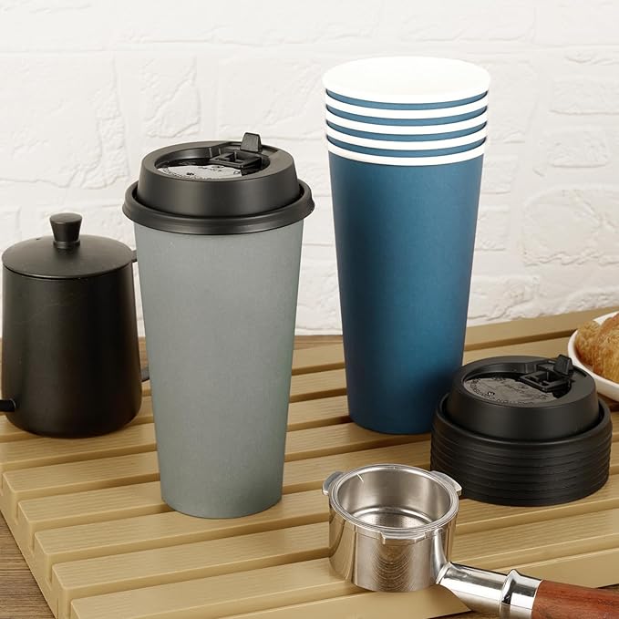 LITOPAK 100 Pack 20 oz Disposable Paper Coffee Cups with Lids for Coffee, Water, Juice, or Tea, Blue and Gray Hot Paper Cups for Home, Restaurant, Store, and Cafe