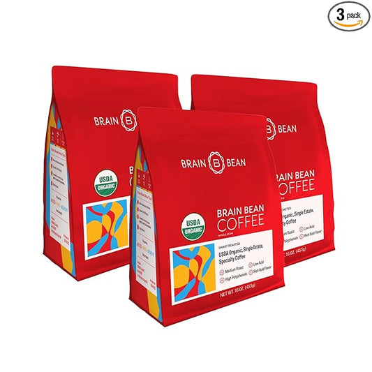 Brain Bean Organic Coffee – Smooth Taste & Rich Medium Roast – High Antioxidant & USDA certified organic for Cognitive Support, Mood Enhancement & Toxin Removal - Whole Bean Coffee – 16 oz (3-Pack)