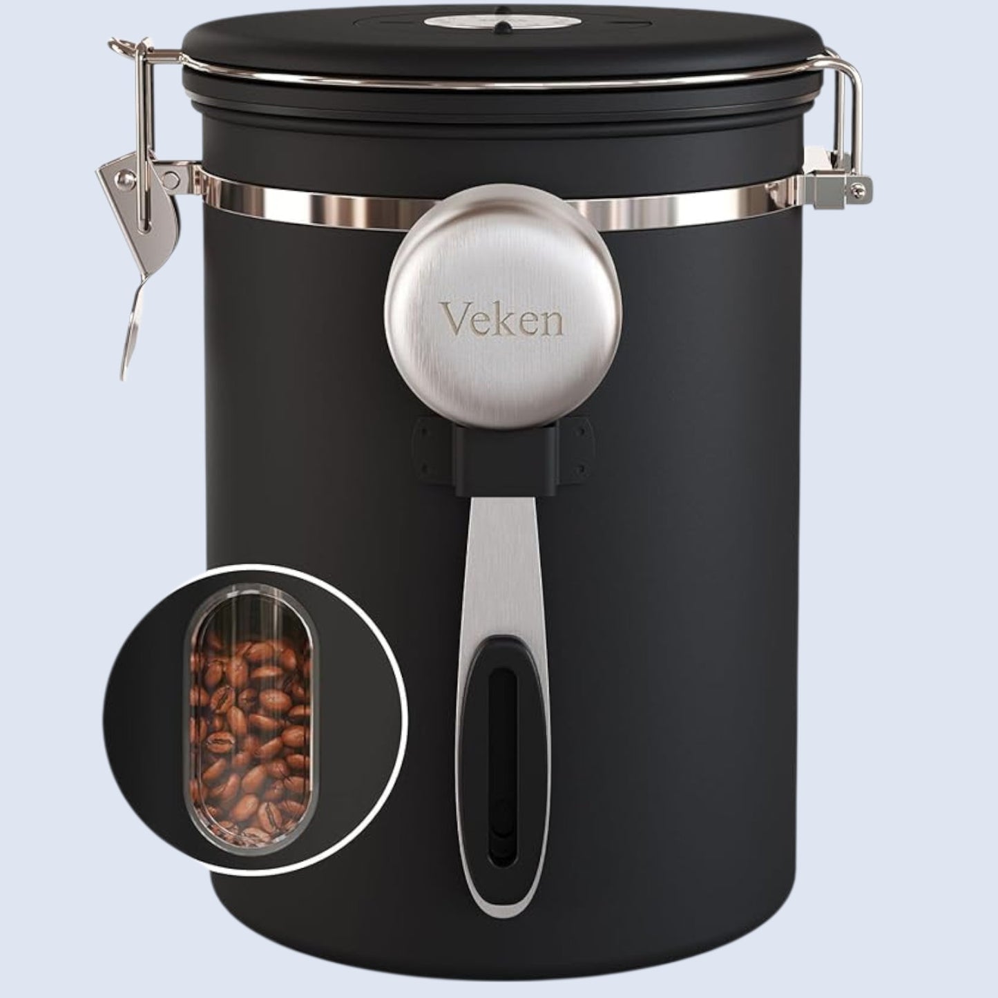 Veken Coffee Canister with Window,Airtight Stainless Steel Container,Home Kitchen Food Storage Organizers for Grounds,Beans,Espresso,Rice,Tea,Sugar,Cereal, Flour,Scoop,Bar Accessories,Gifts,22OZ,Black