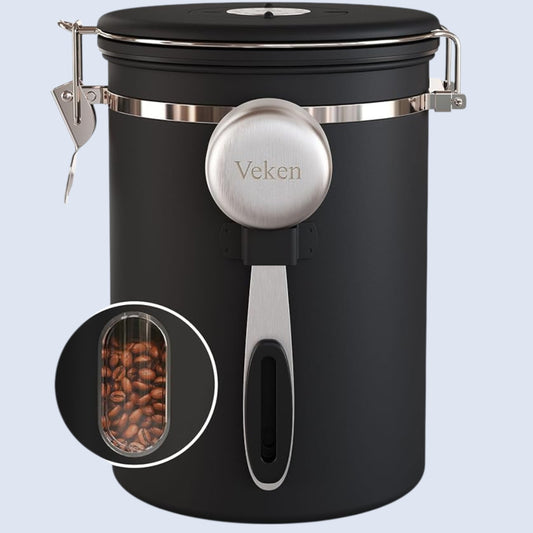 Veken Coffee Canister with Window,Airtight Stainless Steel Container,Home Kitchen Food Storage Organizers for Grounds,Beans,Espresso,Rice,Tea,Sugar,Cereal, Flour,Scoop,Bar Accessories,Gifts,22OZ,Black
