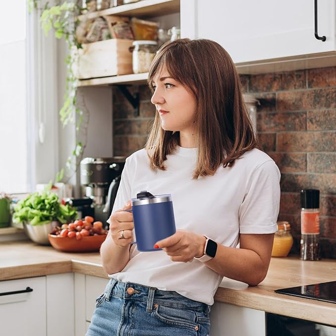 Volhoply 12oz Insulated Leakproof Coffee Mug with Flip & Straw Lid Bulk 8 Pack,Double Wall Vacuum Stainless Steel Travel Tumbler Cup with Handle,Reusable Camping Keep Cold/Hot(Navy,8 Set)