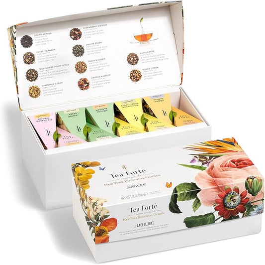 Tea Forte Jubilee Presentation Box Tea Gift Set Sampler, 20 Count 2 of Each Variety Individually Wrapped Handcrafted Pyramid Infuser Bags