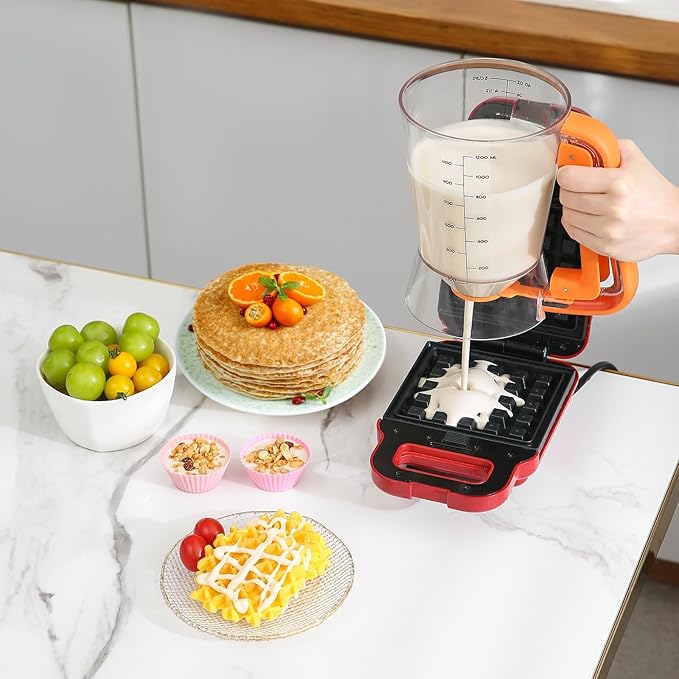 Pancake Batter Dispenser 5 Cup with Sturdy Handle,Batter Separator for Pancakes, Cupcake, Waffle, Muffin Mix, Cake & Crepe Batter pitcher with Squeeze Handle Baking Tools-Orange