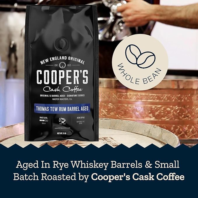Rum Barrel Aged Coffee, Single-Origin Rwandan Beans Aged in Rum Barrels, Medium Roast Whole Bean, 5 lb