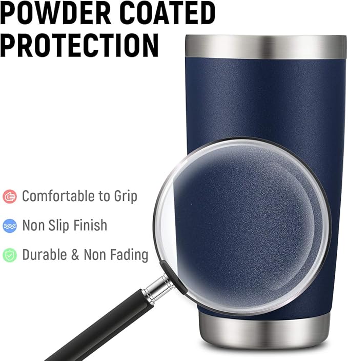 COMOOO 20oz/8Pack Double Wall Vacuum Insulated Coffee Travel Mug Stainless Steel Tumbler Bulk with Lid and Straw Durable Powder Coated Insulated Coffee Cup for Cold & Hot Drinks, Navy, 8 Pack