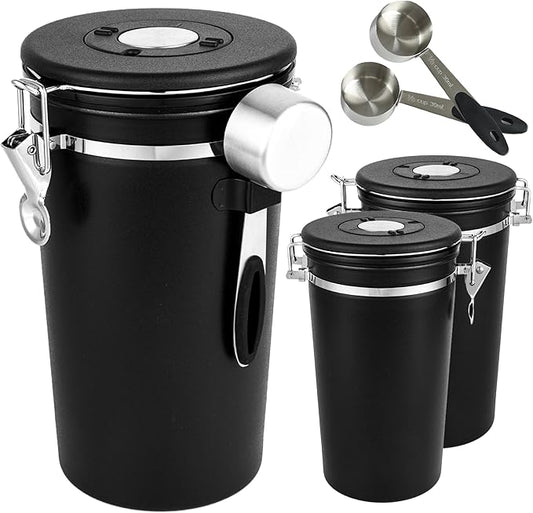 Coffee Canister Set of 3, Airtight Coffee Container with Date Tracker Lid, Stainless Steel Canister for Kitchen Food Storage (Black, 180oz)