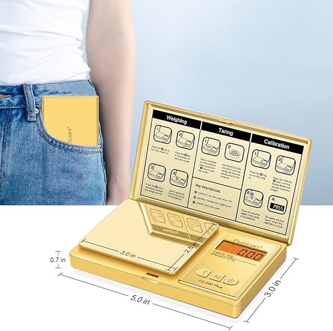 Fuzion Digital Pocket Gram Scale .01 Gram Accuracy, Gold Titanium Plating, 200g Digital Scale, Small Scale for Food, Jewelry, Herb, Spice, Coin - Weight Gram and Oz