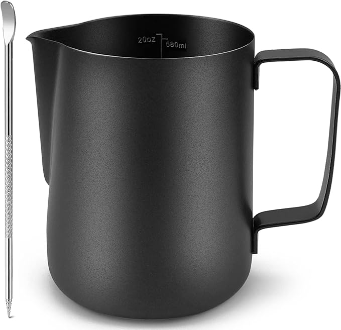 CAMKYDE Stainless Steel Milk Frothing Pitcher 20 oz, Espresso Steaming Pitcher with Decorating Pen for Espresso Machines, Cappuccino, Latte Art (Matte Black)