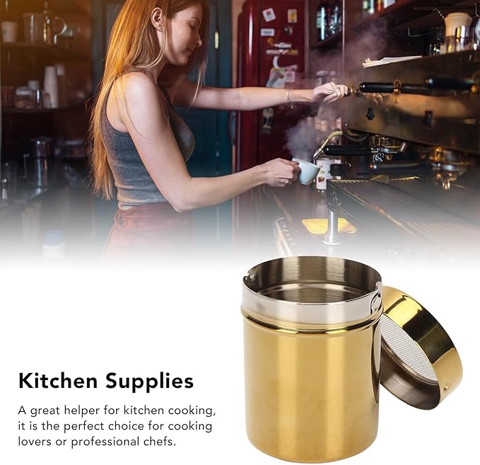 Stainless Steel Powder Shaker Powder Sugar Shaker,Gold Fine Mesh Powder Sugar Shaker Stainless Steel Sugar Shaker for Lid for Sifter Cocoa,Cinnamon Powder,Coffee Sugar Shakers
