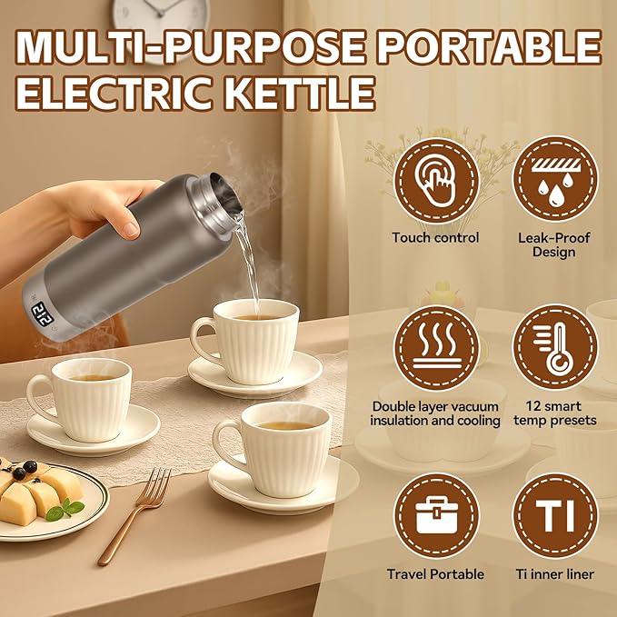 Pure Titanium Travel Kettle,Dual Voltage Portable Electric Kettle 110V-240V Smart Small Water Boiler for Tea & Coffee,12 Temperature Control,Auto Shut Off & Boil Dry Protection (Gray,520ML)