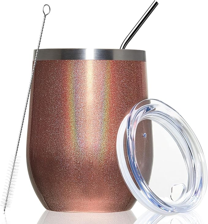 MEWAY Stemless 12 OZ Wine Tumbler Glasses with Lid -Insulated Double Wall Vacuum Stainless Steel Glitter Tumbler with Straw,for Woman Under 10 dollars (Rainbow Rose Gold,1)