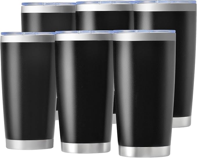 OMTech 20oz Tumblers Bulk, 6pc Stainless Steel Tumbler Set with Lid & Straw, Double Wall Vacuum Insulated Mug for Laser Engraver, Travel Coffee Mug for Hot & Cold Drinks, Black Powder Coated Cup