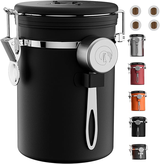 Coffee Gator Coffee Canister, 22oz Airtight Stainless Steel Kitchen Food Storage Container with Date Tracker, Valve, Scoop for Sugar, Grounds, Beans, Tea, Sugar, Cereal, Flour, Cookies Jars - Black