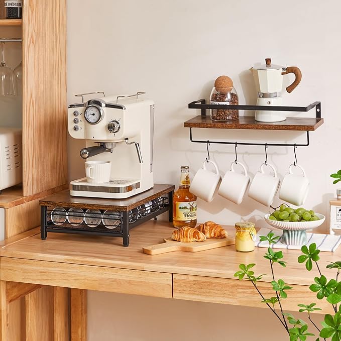 IBUYKE Coffee Pod Drawer Holder,40 Capsule Pods,Compatible for Nespresso Vertuo Pods,Wooden Top and Mesh Shelves,Home Kitchen Counter Coffee Bar Organizer, Rustic Brown,TCJ101H