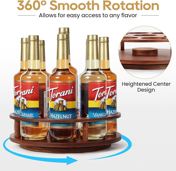 THYGIFTREE Large Rotating Coffee Syrup Organizer 9 Bottles Coffee Syrup Rack for Countertop Wood Syrup Bottle Holder Stand for Coffee Bar Station, Turntable Wine Display Tray, Brown