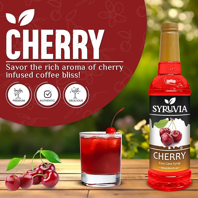 Syruvia Cherry Syrup, Flavored Syrup for Drinks, Cocktails, Lemonades, Iced Teas, and Desserts – 25.4 fl oz