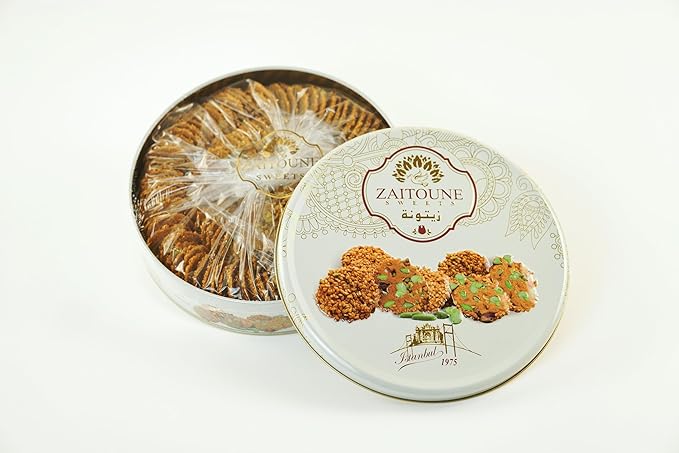 Zaitoune Barazek Cookies - 18 oz | Luxurious Crunchy Sesame & Pistachio Cookies Handcrafted in Turkey | Beautiful Reusable Gift Tin | Perfect for Coffee or Tea | Great Sharing Present