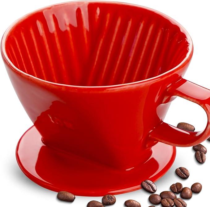 Handmade Pour Over Ceramic Coffee Dripper - Authentic Brewing Experience for Camping, Office, and Home (Red)