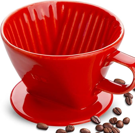 Handmade Pour Over Ceramic Coffee Dripper - Authentic Brewing Experience for Camping, Office, and Home (Red)