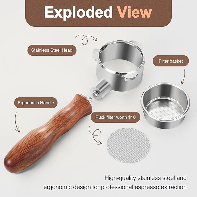 54mm Bottomless Portafilter with Puck Screen, 3 Ears Stainless Steel Head, Compatible with Breville Barista Pro, Barista Express Impress, Bambino Plus, Infuser, Barista Touch, Duo-Temp Pro, Bambino